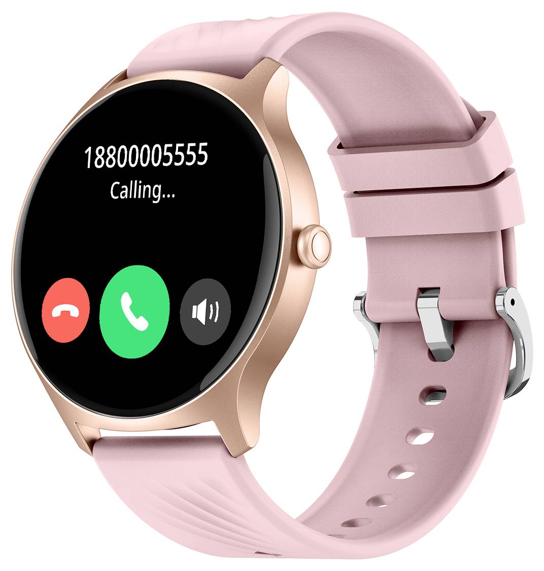 A smartwatch with a pink strap displays an incoming call from '18800005555' on the screen, with a green answer button and a red decline button.