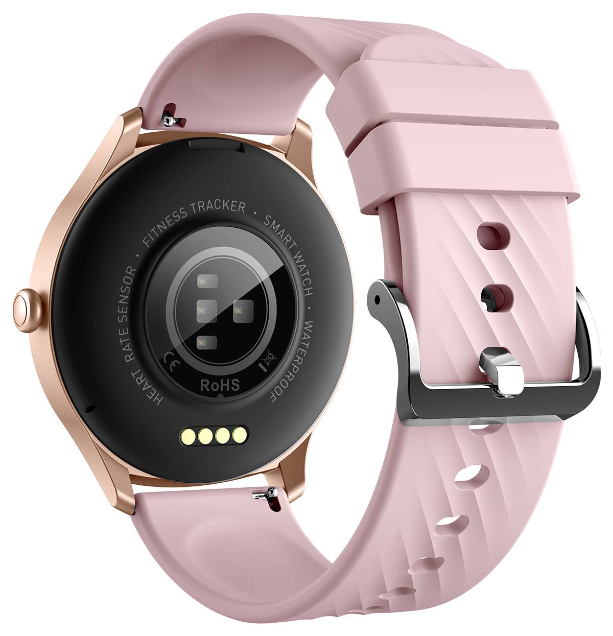 A smartwatch with a pink strap and gold-coloured case, displaying sensors on the back for heart rate monitoring and fitness tracking.