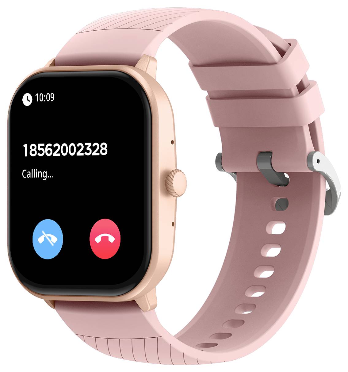 A pink smartwatch displays an incoming call from the number 18562002328 with the options 'Answer' and 'Decline'.