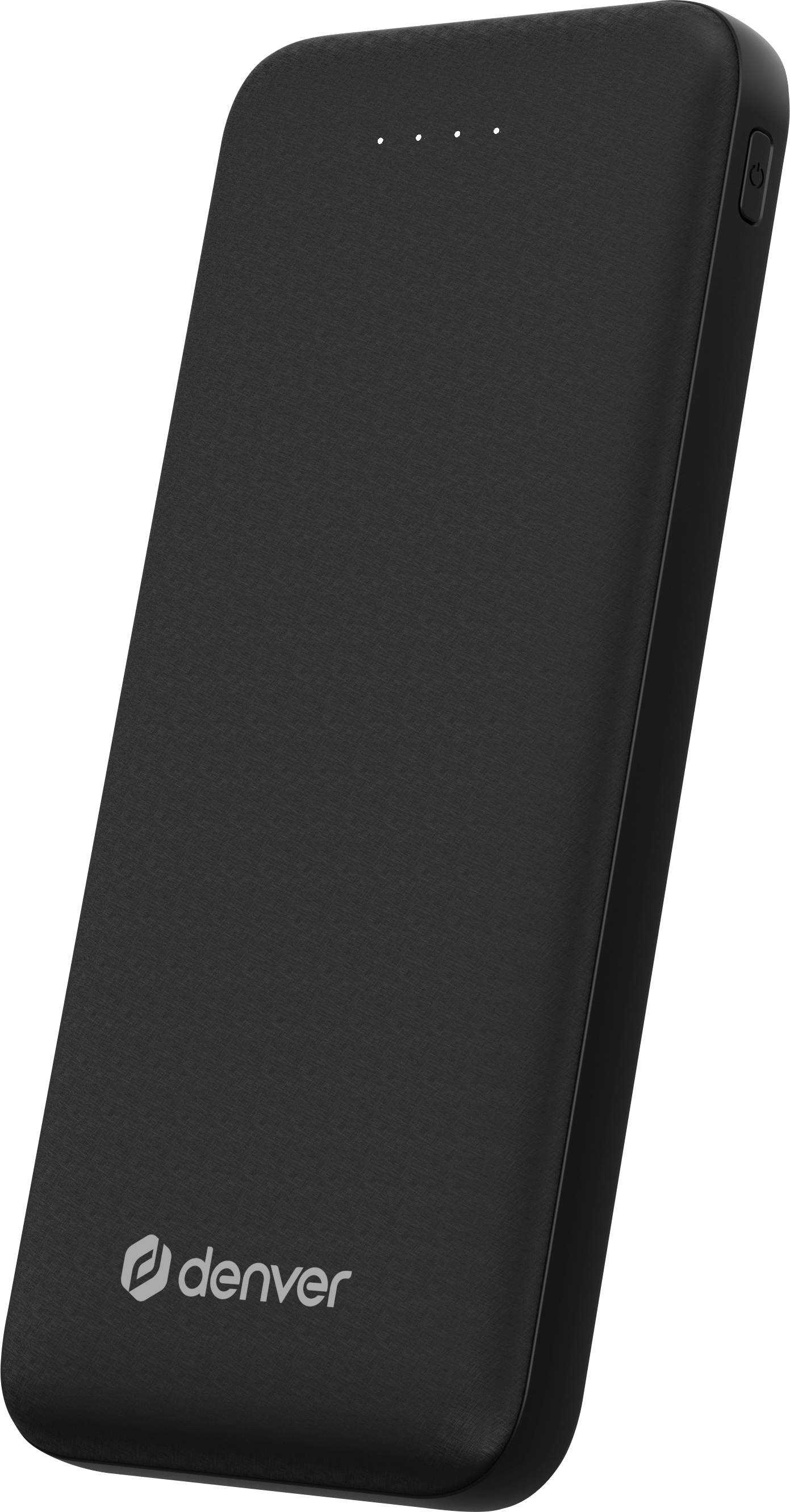 A black power bank by Denver with four charging indicators on top and the brand logo underneath.