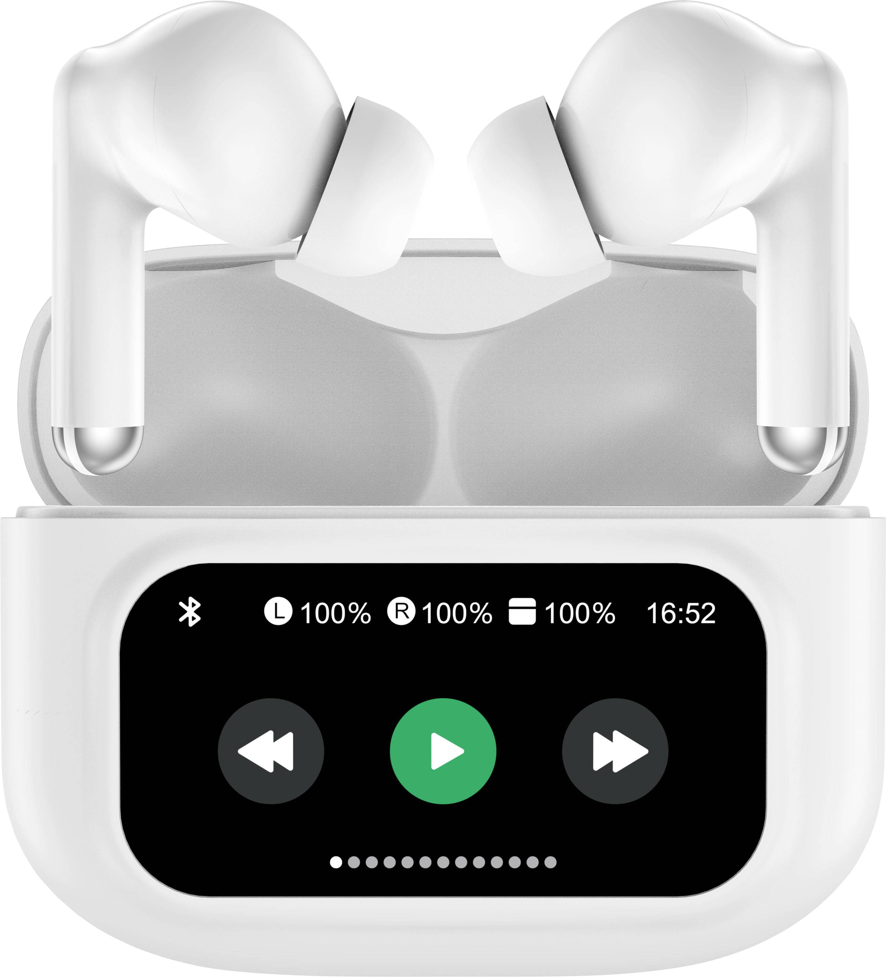 Wireless white in-ear headphones in a charging case with a display showing battery level, Bluetooth, and playback information.