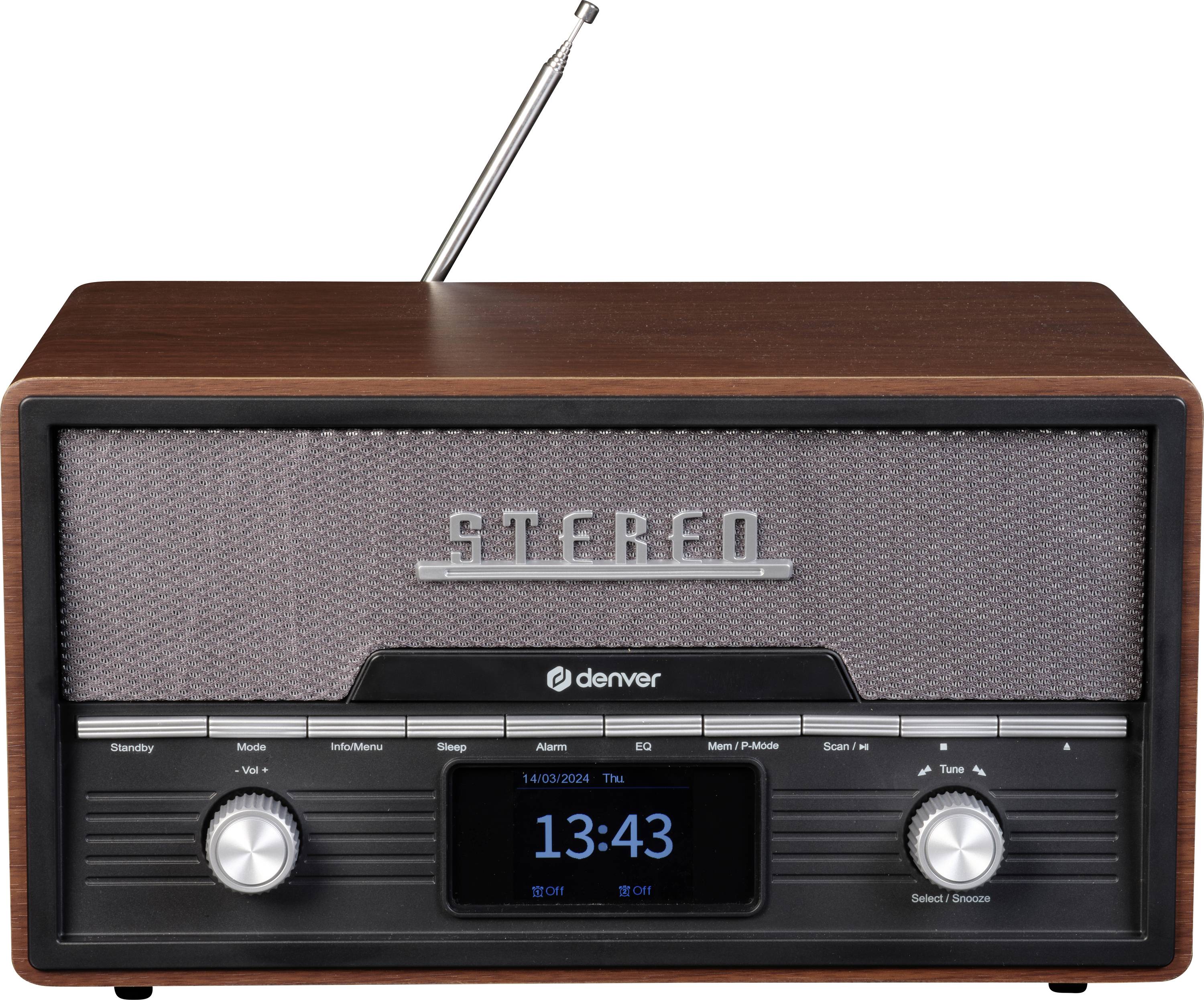 Vintage wooden radio with an aerial, front display showing '13:43'. Buttons and controls for settings underneath.