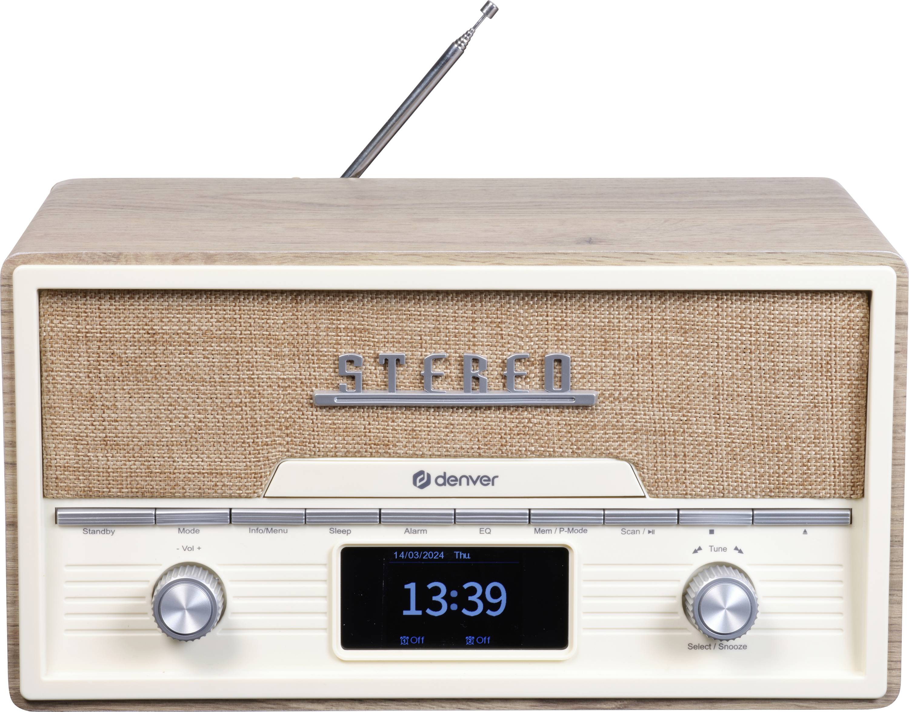 A vintage radio with a wooden casing and fabric-covered front panel. Two rotary knobs and a small digital display showing '13:39'.