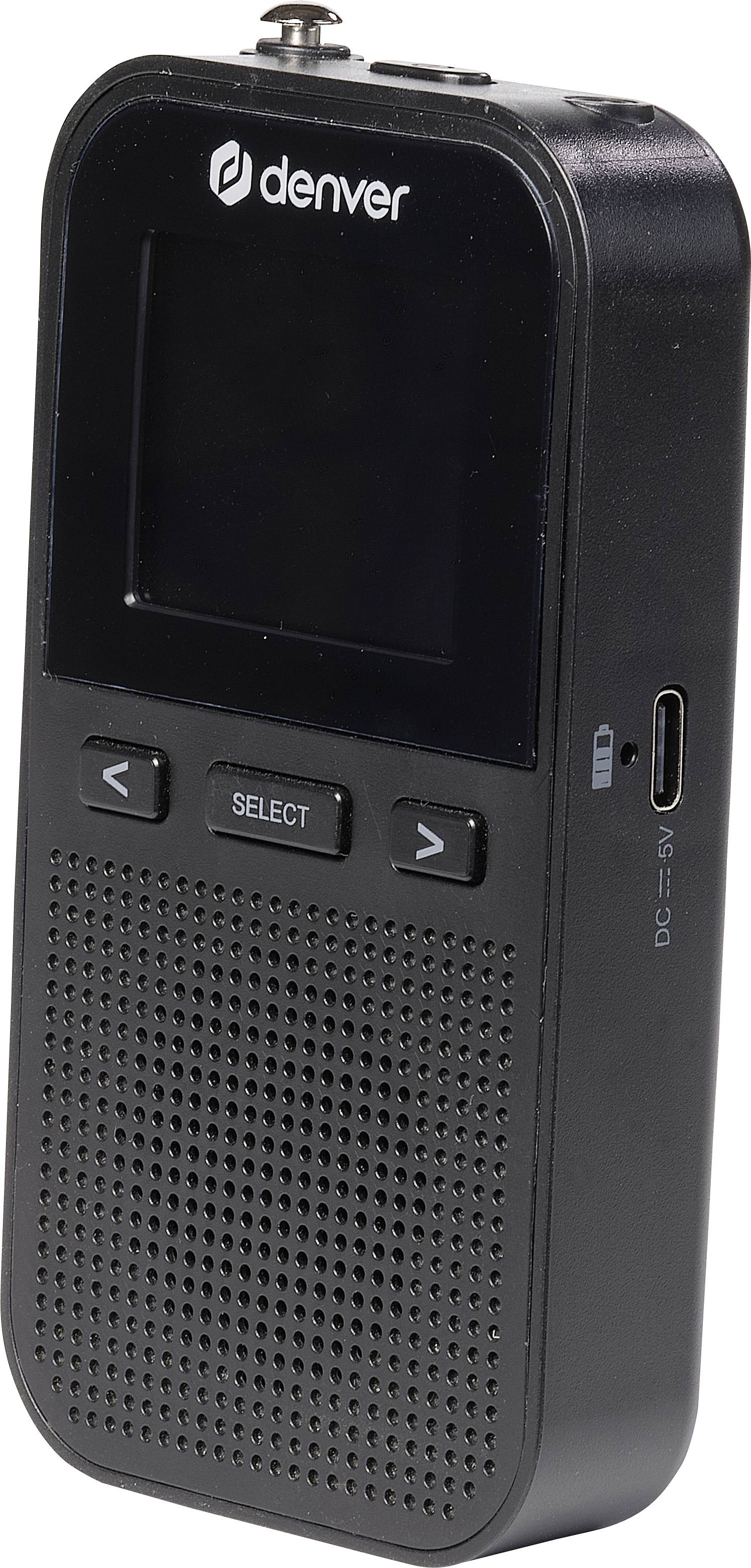 Small, portable digital recorder with display and control buttons. Brand 'Denver'. Includes microphone and speaker.