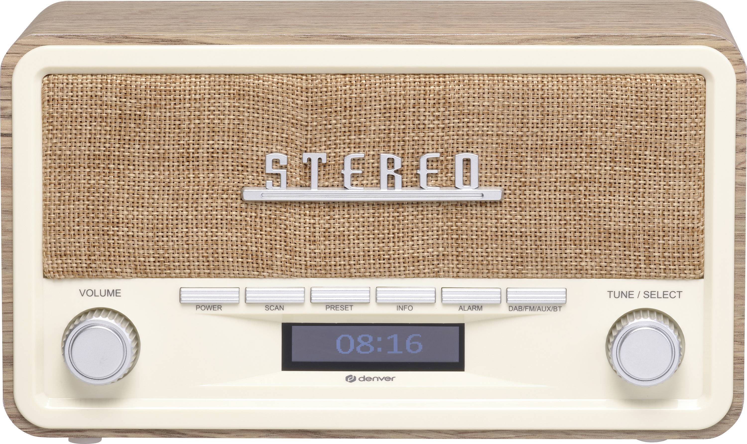Retro radio in cream and beige with fabric covering, round volume controls and a digital display showing '08:16'.