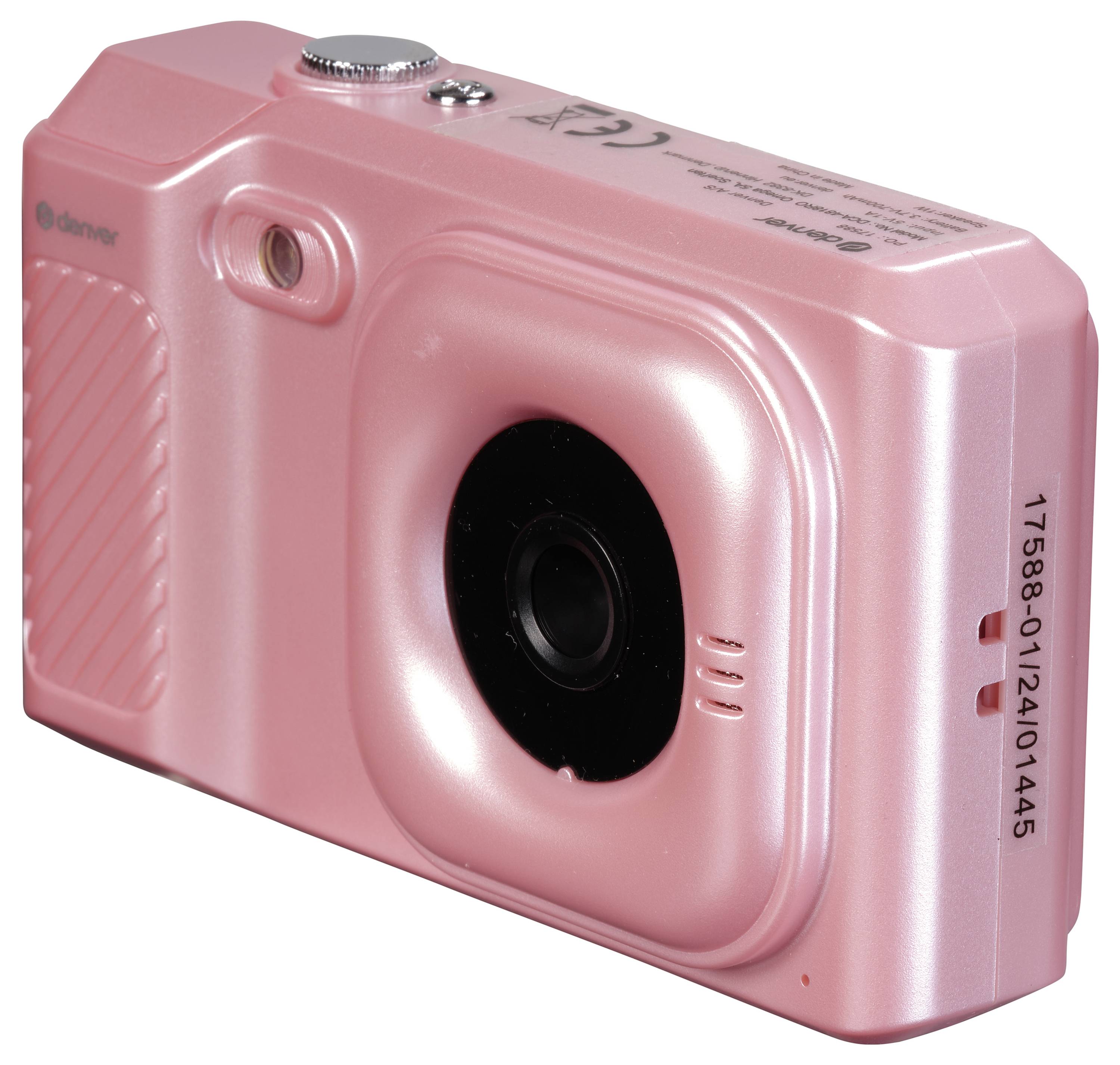 A pink digital camera with rounded edges and a large lens in the centre. It has a simple, modern design.