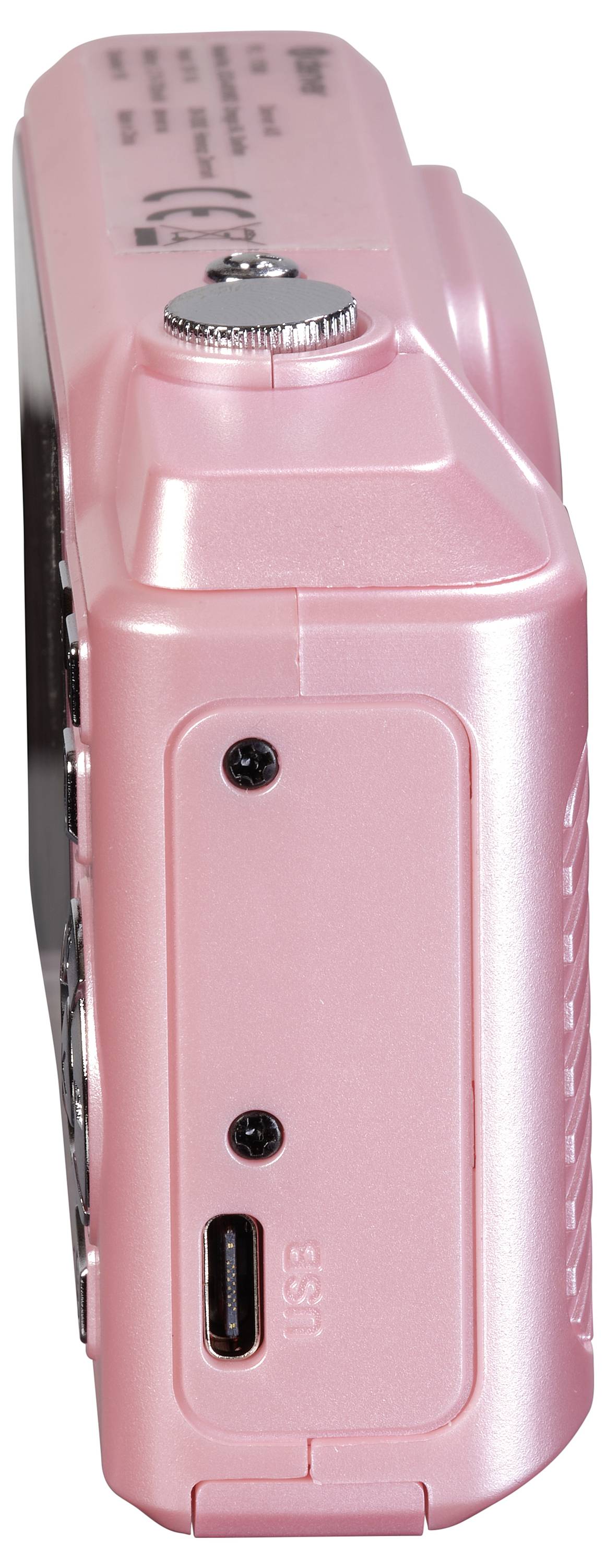 Pink digital camera, side view showing the camera body, USB port and two small holes for attachments or sensors.