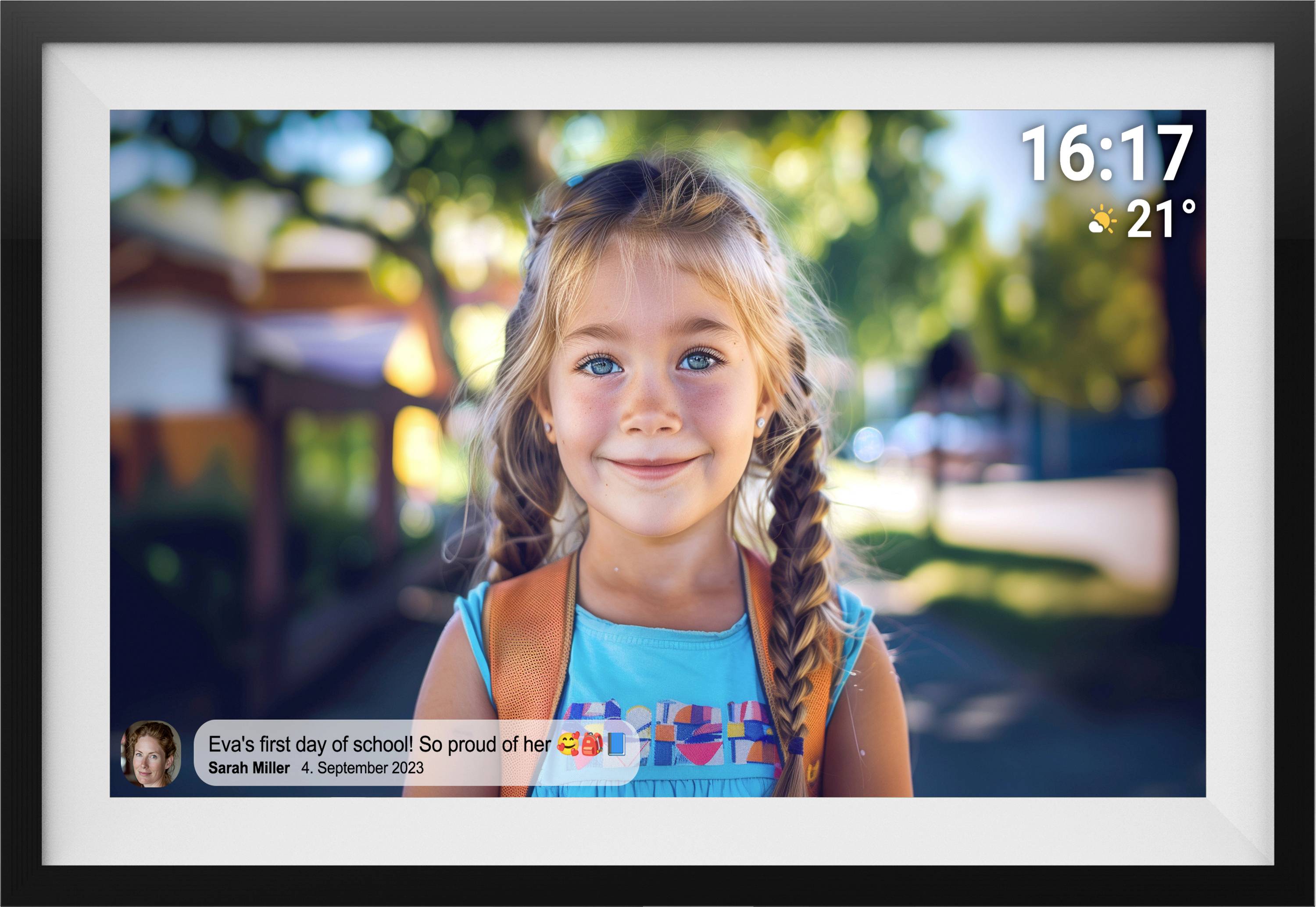 A young girl with plaits and a rucksack is smiling. Blurred trees and houses in the background. Text below: 'Eva's first day at school. So proud of her!'. Time at top: 16:17, Temperature 21°C.