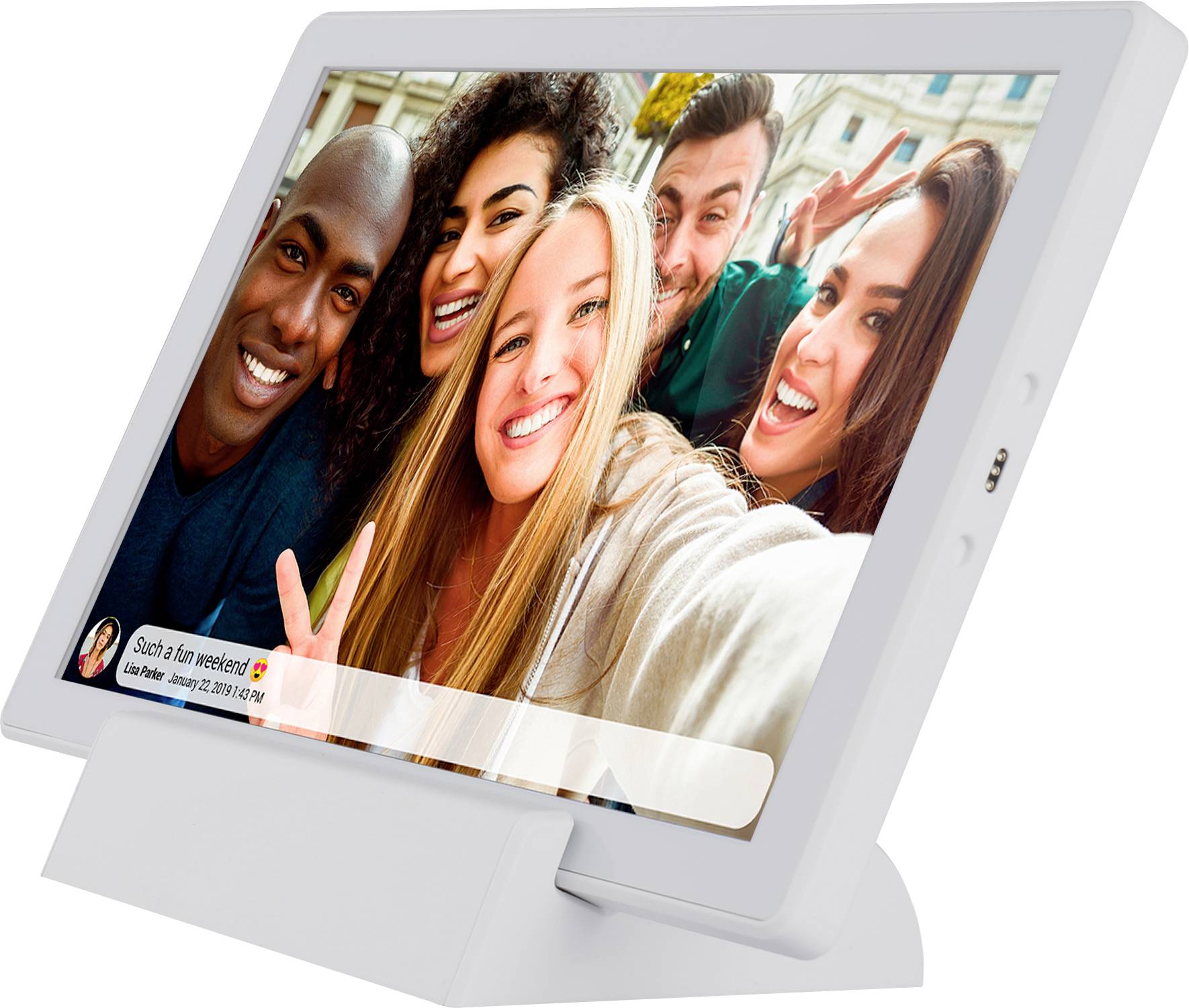 Five people are smiling and posing for a selfie in front of a tablet.