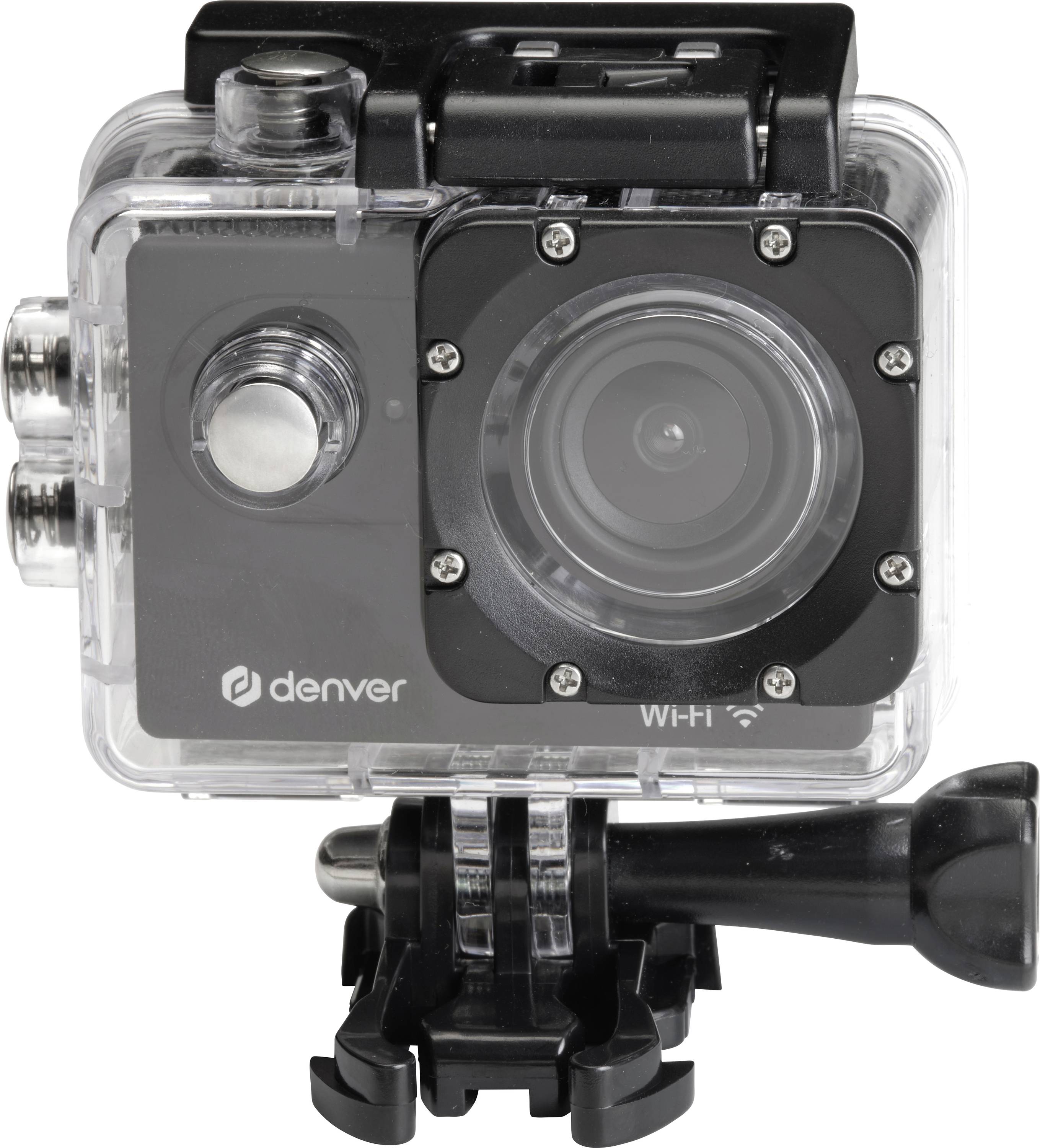 An action camera in a waterproof housing, mounted on a mount. It has a lens and Wi-Fi functionality.