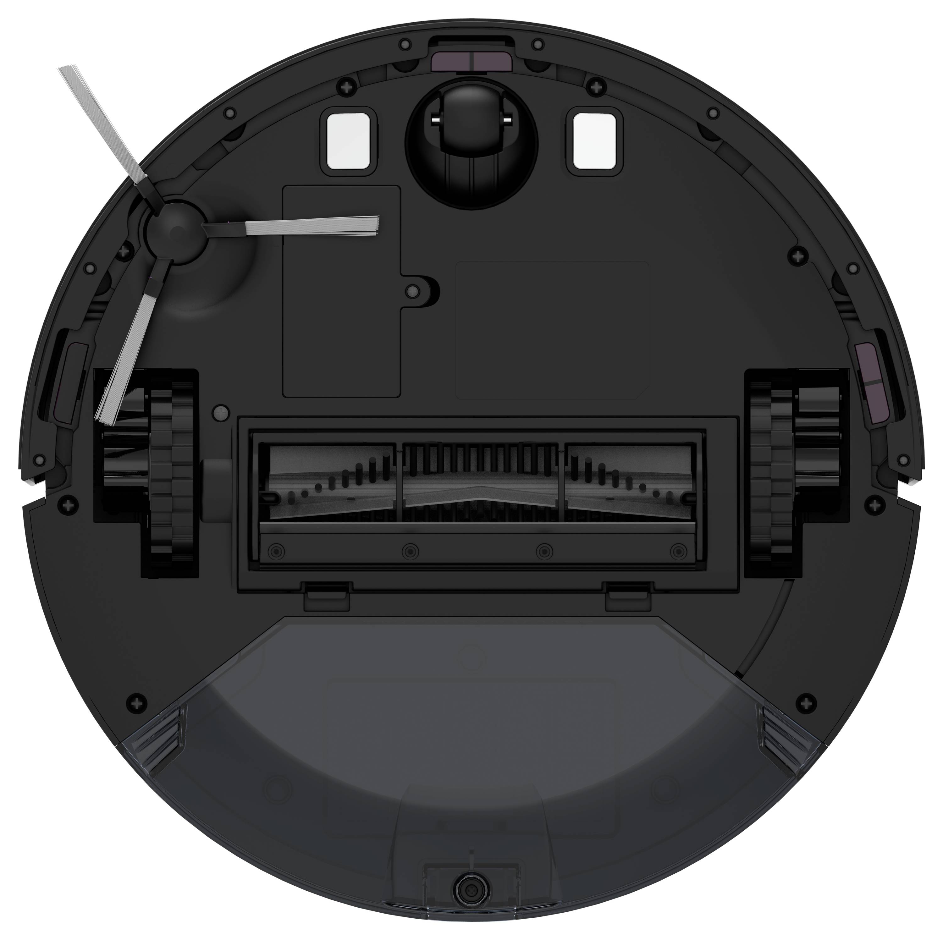 Round robotic vacuum cleaner, black underside with rotating brushes and wheels, viewed from below.