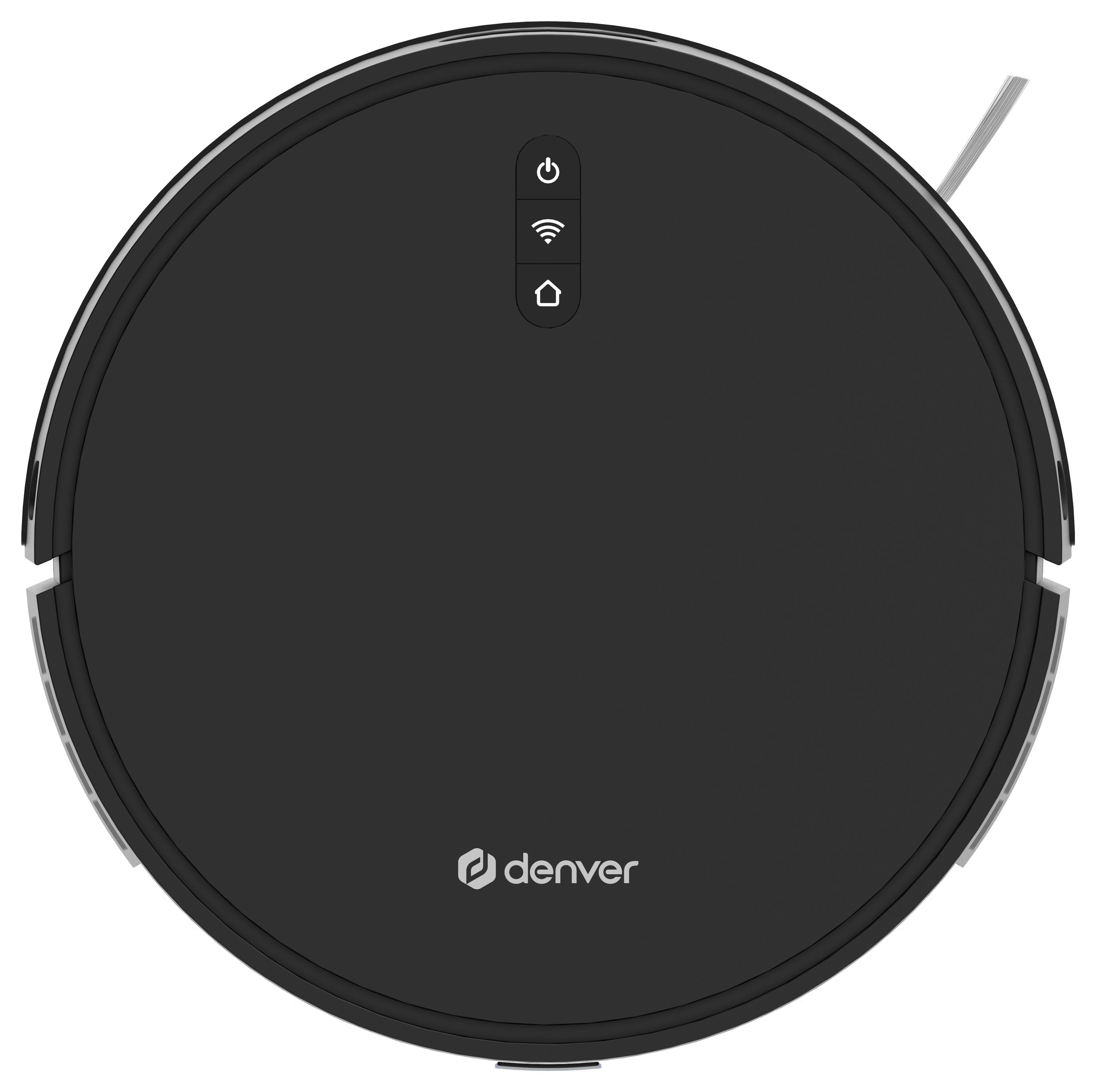 Black round robotic vacuum cleaner with buttons and LED display on top. 'Denver' brand logo visible.