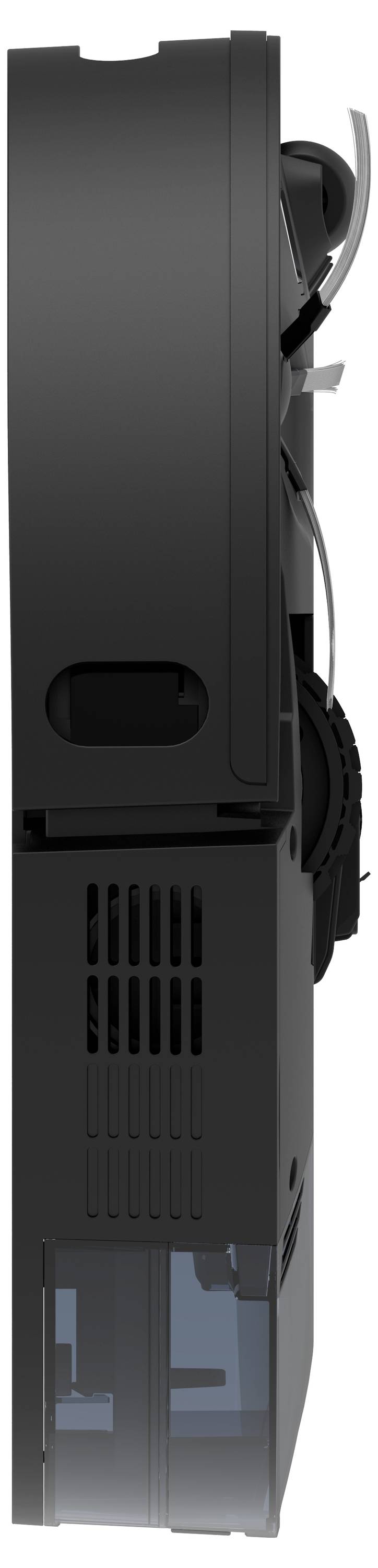 Side view of a black computer graphics cooler with fans and heat sinks. Pipes run to the top of the casing.