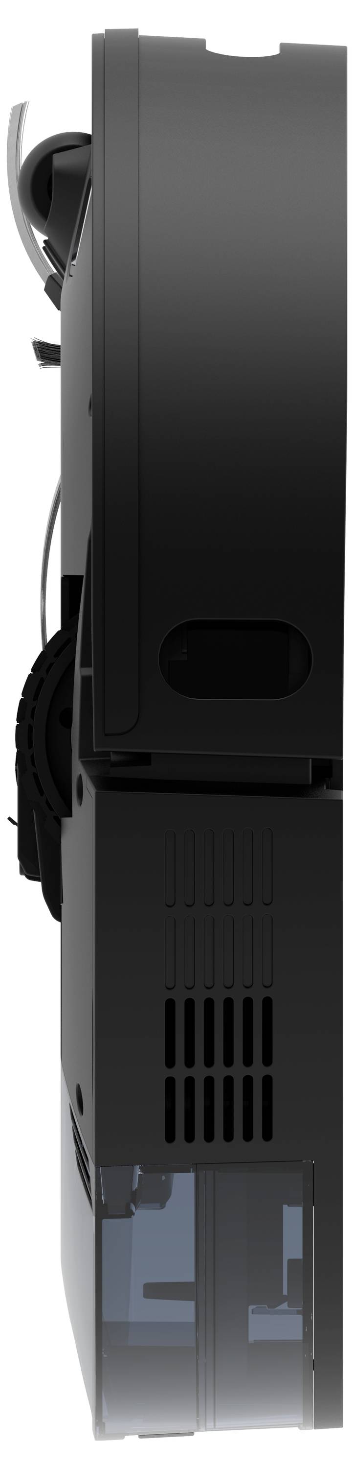 Side view of a black robotic vacuum cleaner showing the wheels, sensors, and air vents on the side.