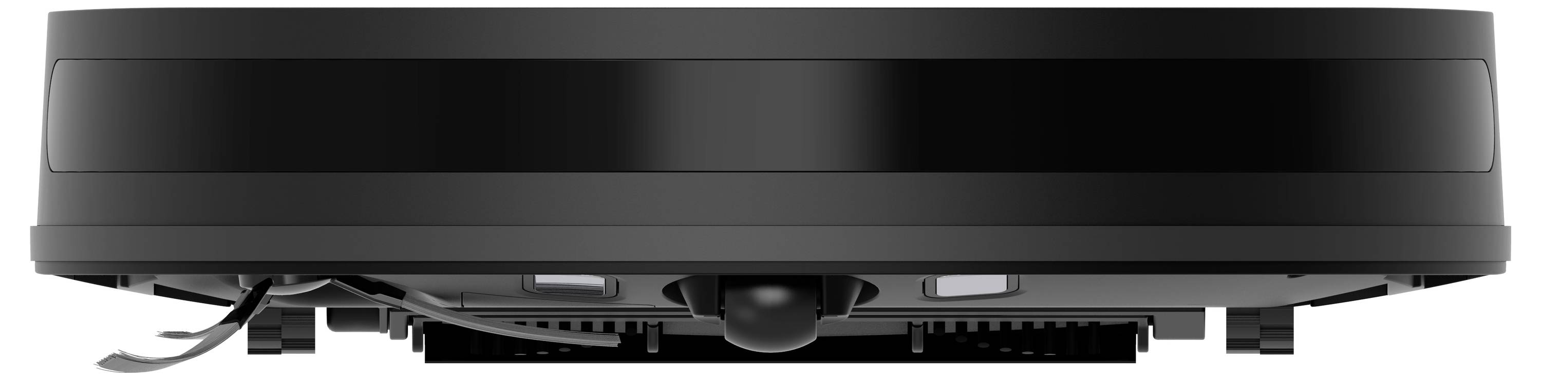 A black round robotic vacuum cleaner viewed from the side, with rotating brushes underneath, on a white background.