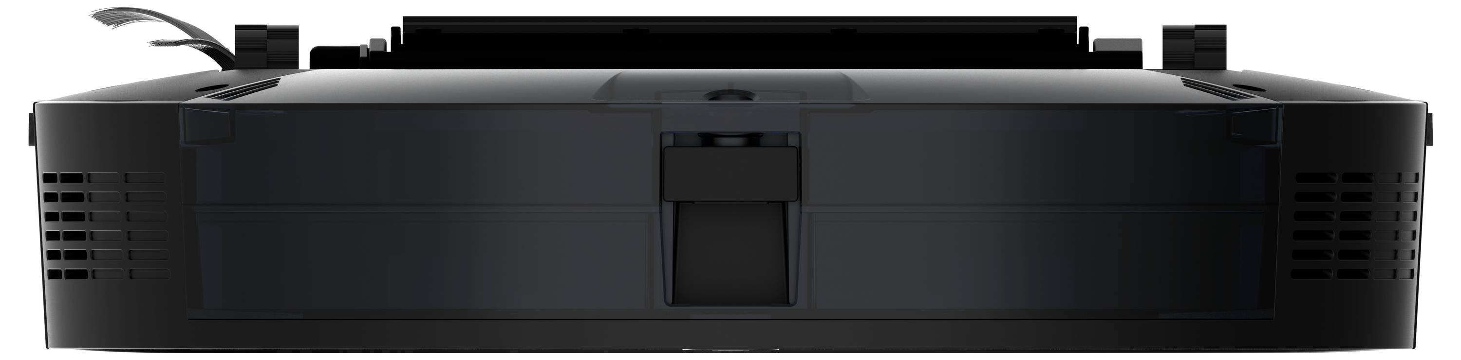 A black printer viewed from the front with a closed paper tray, slots on the sides, and a narrow, rectangular flap in the centre.