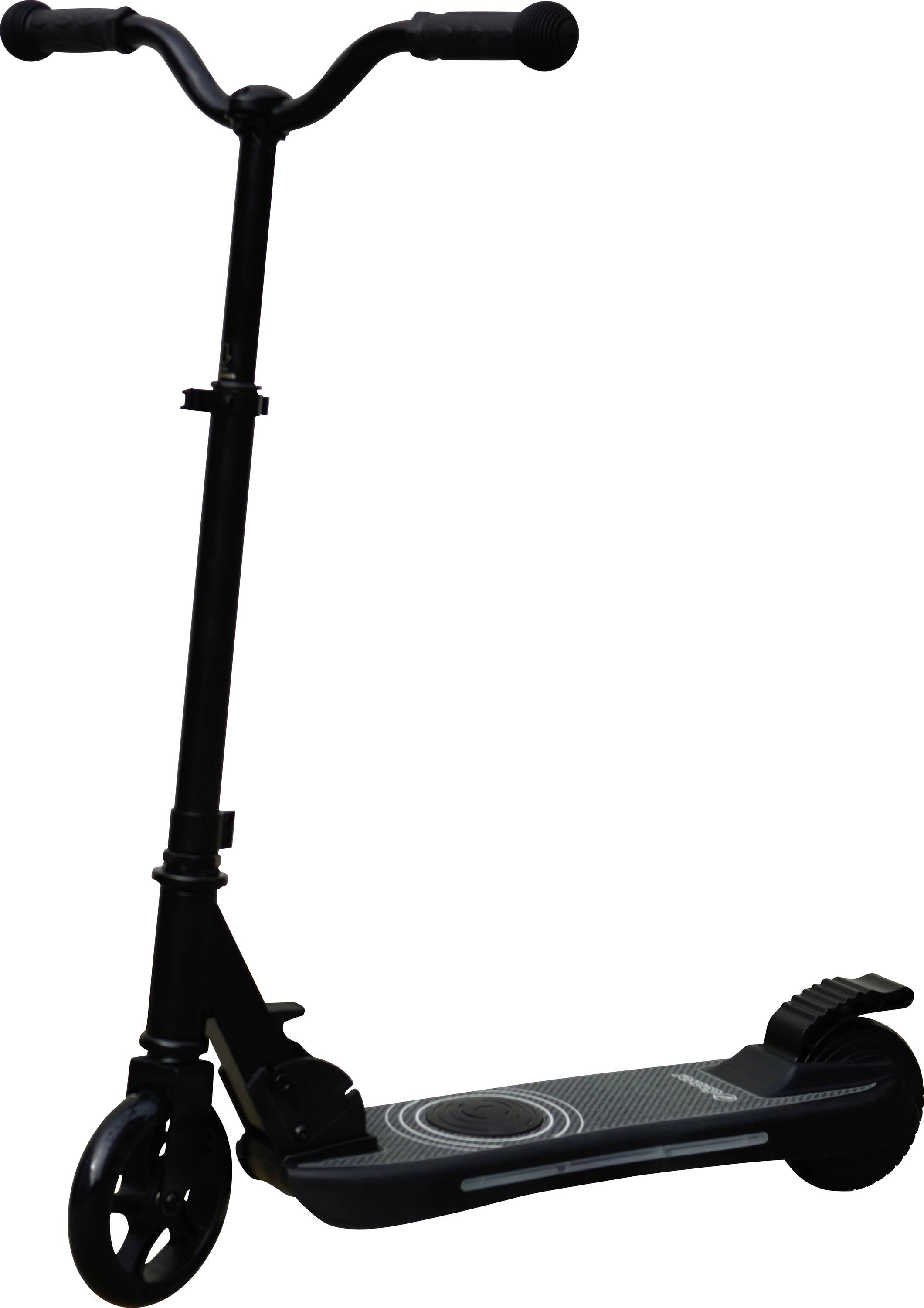 Black two-wheeled kick scooter with a footboard, suitable for use on pavements.