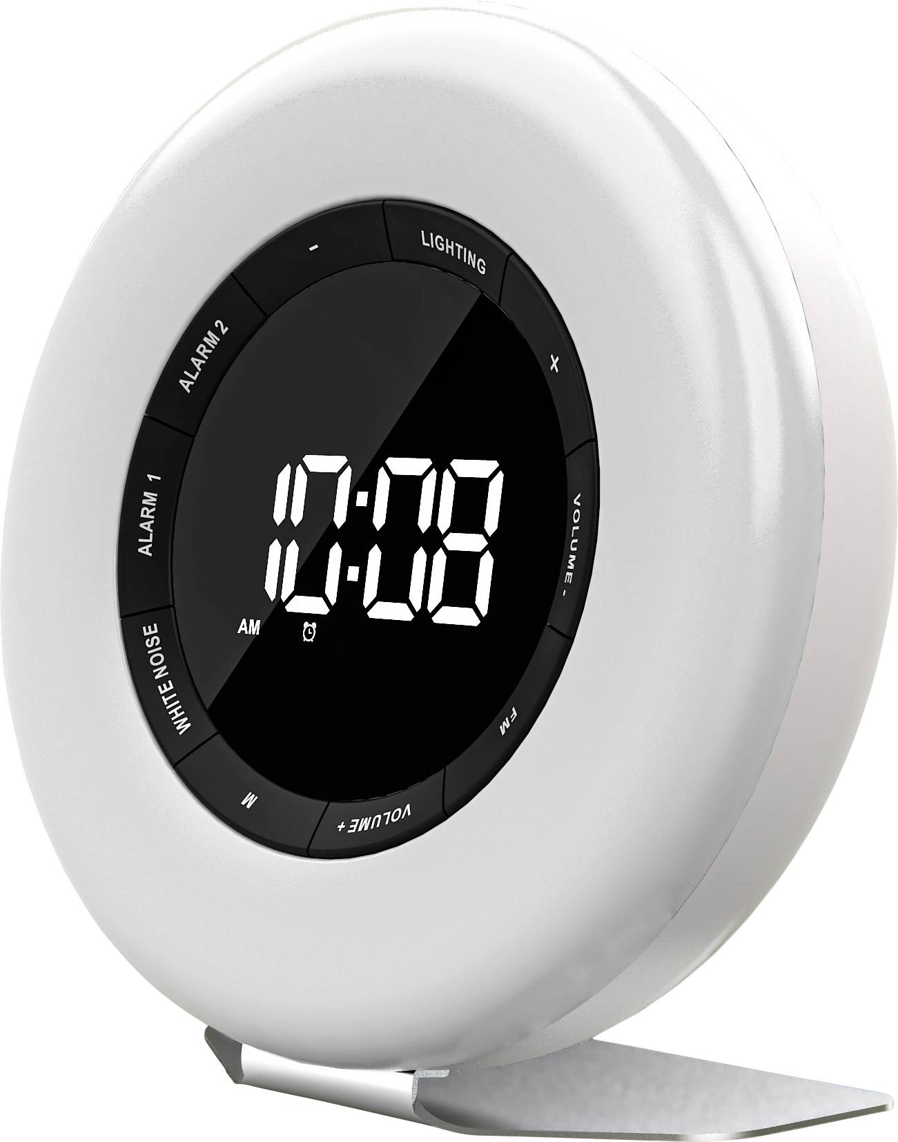 Digital alarm clock with display showing 10:08. Features alarm, light, and white noise functions. Round shape on stand.