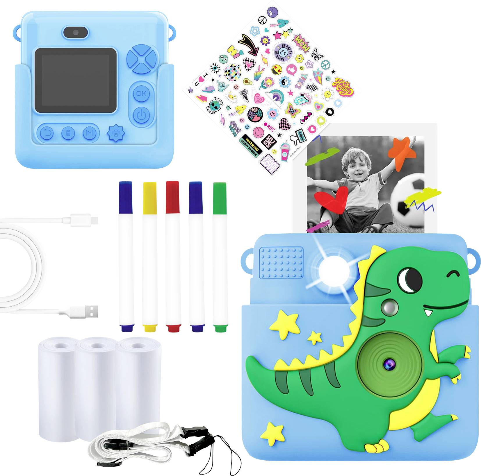 A children's camera with a dinosaur cover, photo paper, USB cable, coloured markers, shoulder strap and decorative stickers for personalisation.