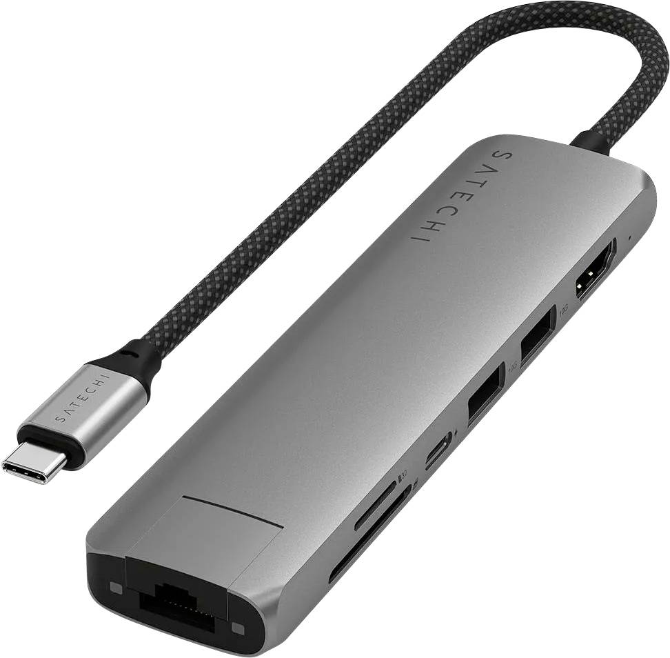 A grey USB-C hub with multiple ports, including Ethernet, HDMI, USB and card reader. 'Satechi' brand name printed on the device.