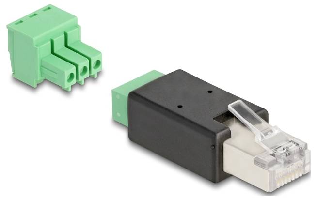 Two electrical connectors, one green and one with a black cover and RJ45 plug, on a white background.
