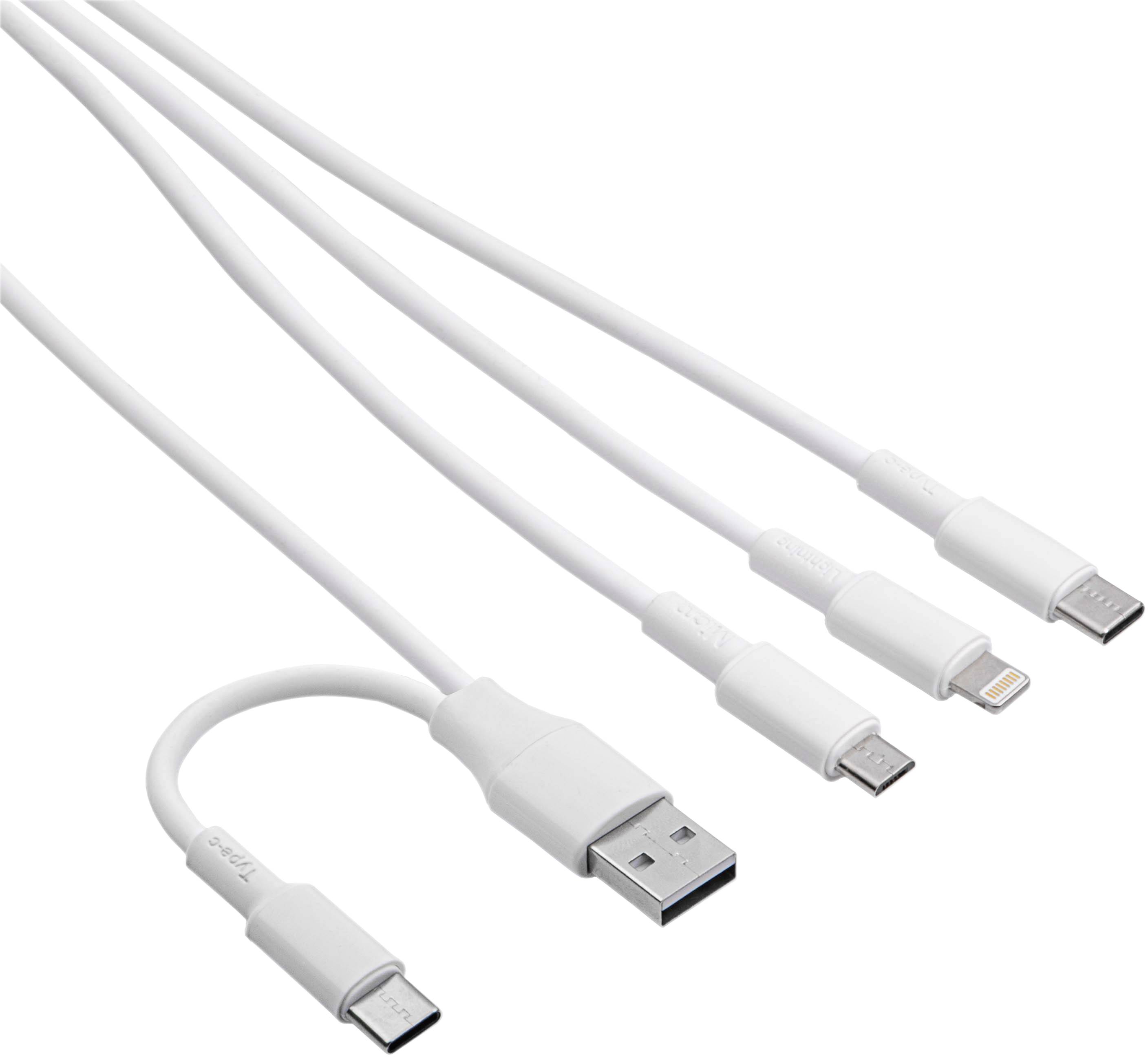 Four white charging cables with different connectors: USB-A, Micro-USB, Lightning and USB-C.