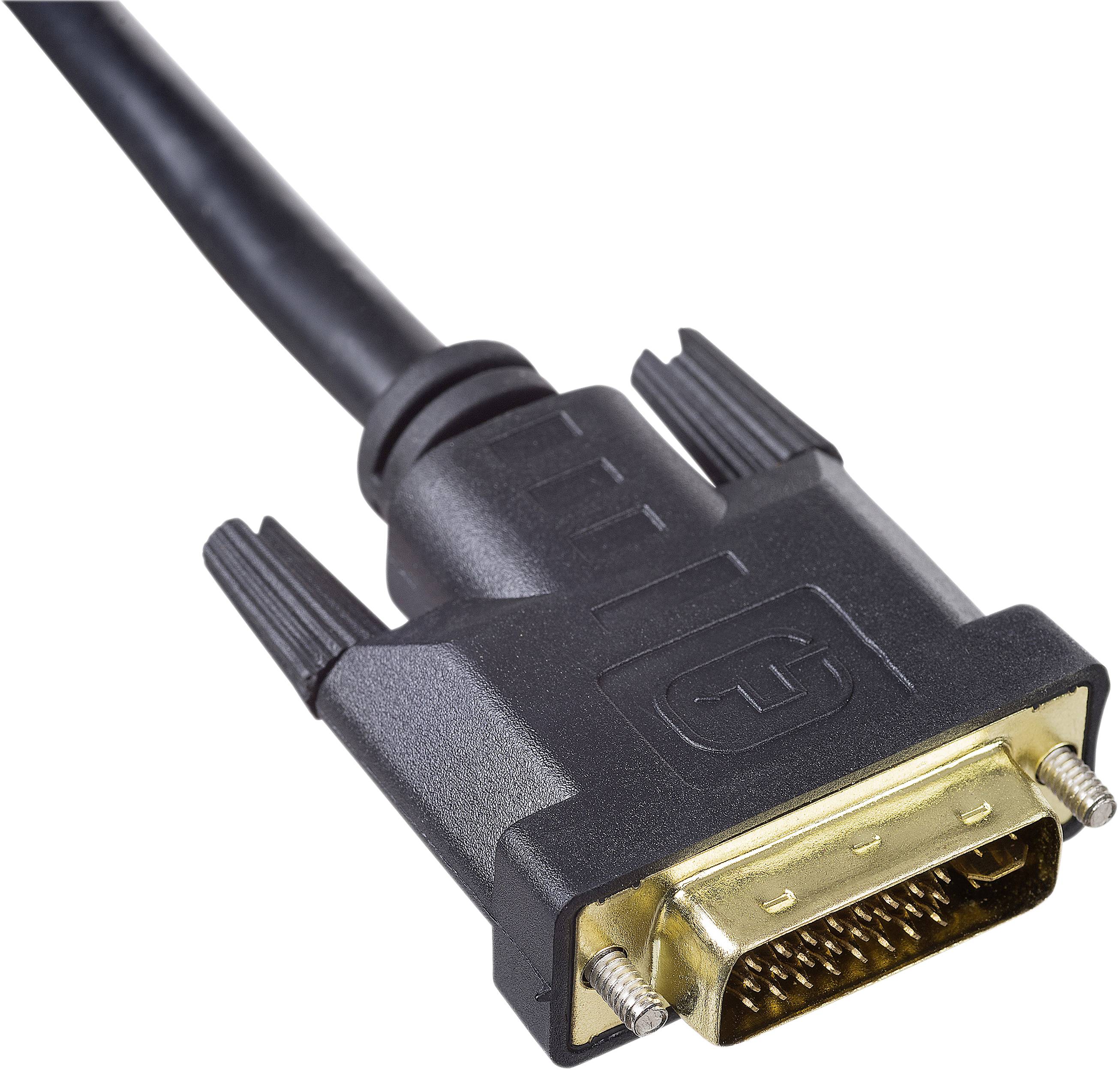 A black DVI cable with a gold-coloured connector for connecting computers to monitors for the transmission of image data.