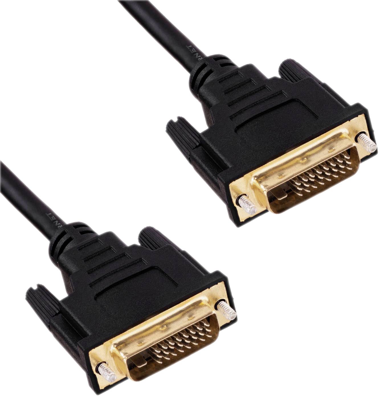 Two black DVI cables with gold-plated connectors side by side.