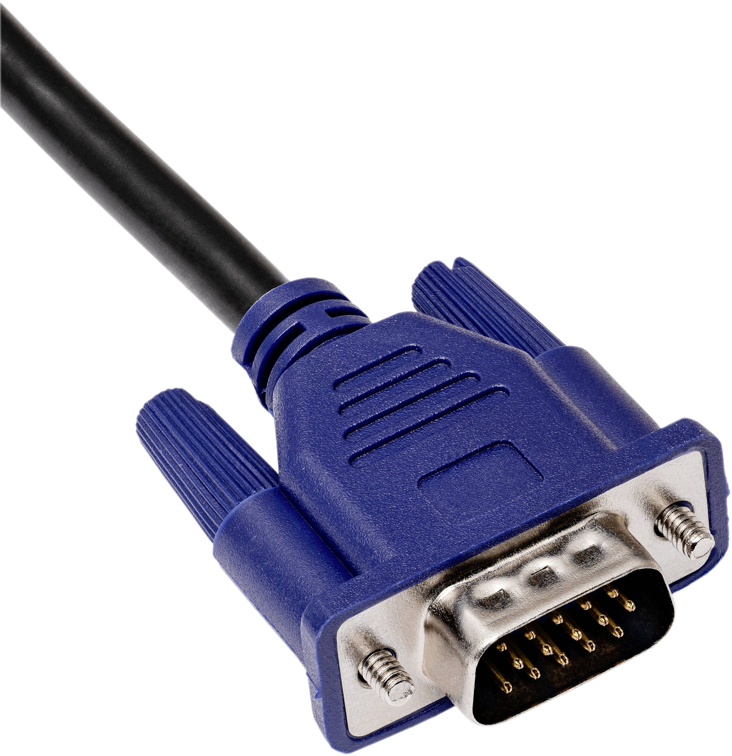 Blue VGA plug with black cable. The plug has 15 pins and is commonly used for connecting monitors.