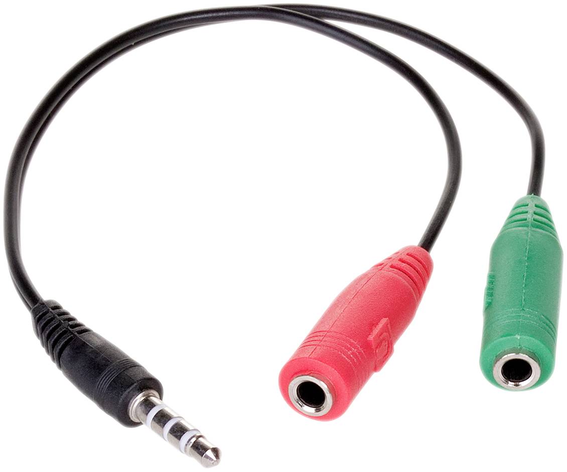 An audio adaptor cable with a black 3.5mm plug and two sockets: one red and one green socket for audio connections.
