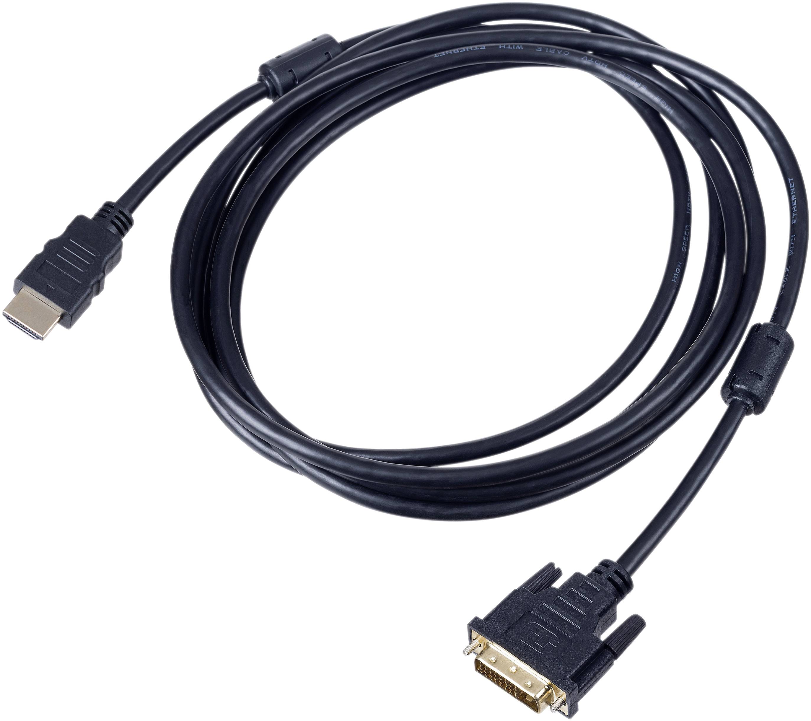Black data cable with an HDMI plug on one side and a DVI plug on the other, suitable for connecting computers to monitors.