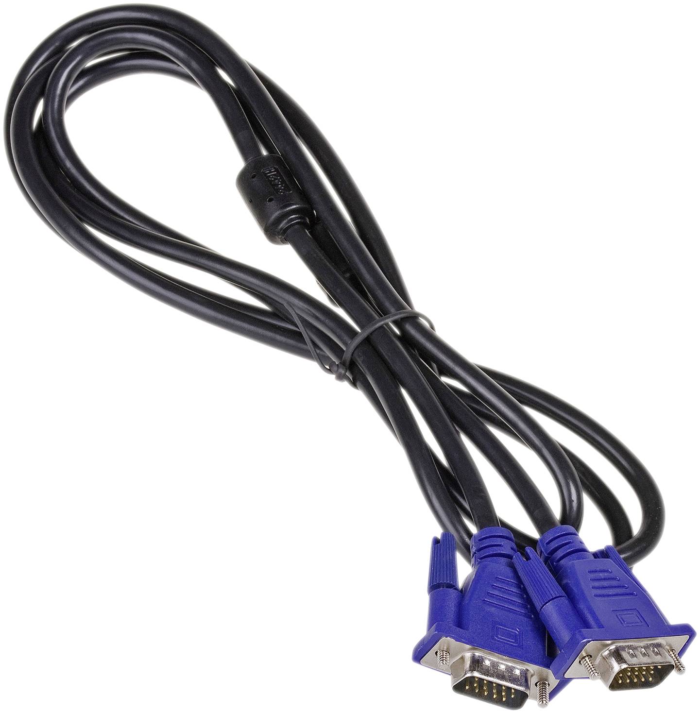 A long, black VGA cable with two blue connectors at the ends, used for connecting computers to monitors.
