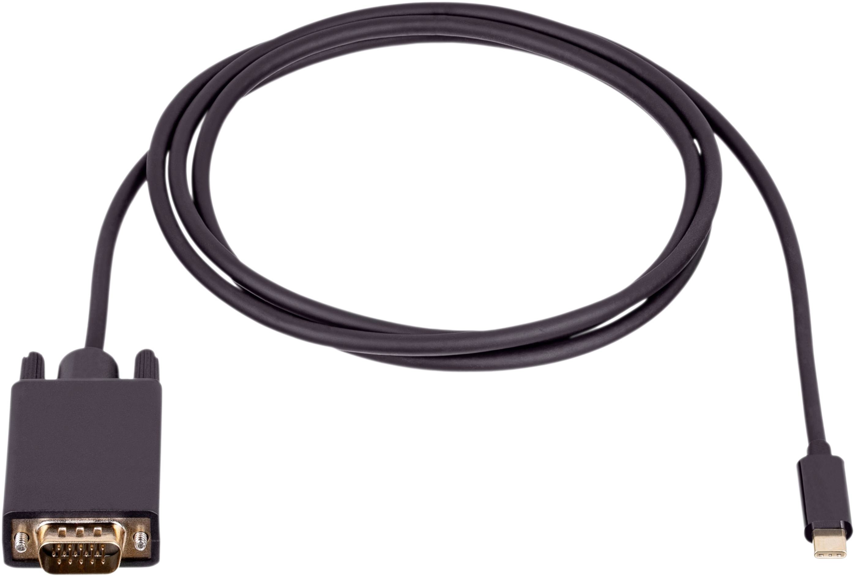 VGA to USB-C cable, black, for connecting older devices to modern computers.