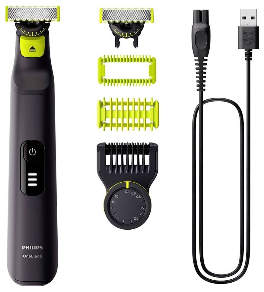 A Philips OneBlade razor with various attachment combs and USB charging cable. For trimming and styling beard and hair.