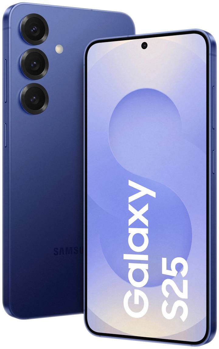 Smartphone with three cameras on the back, blue casing and display showing 'Galaxy S25'.