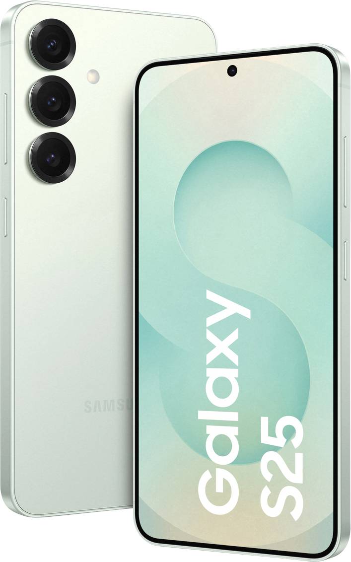 Smartphone with three rear cameras and a large display at the front. The screen reads 'Galaxy S25'. Device is in a light colour tone.