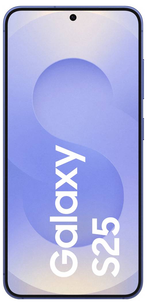 Smartphone with a display that is illuminated in blue. On the screen it reads 'Galaxy S25'.