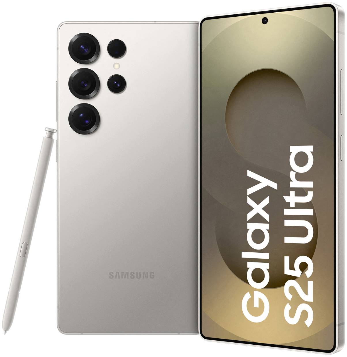 'Samsung Galaxy S25 Ultra' pictured with a stylus and large display. Modern smartphone technology is highlighted.