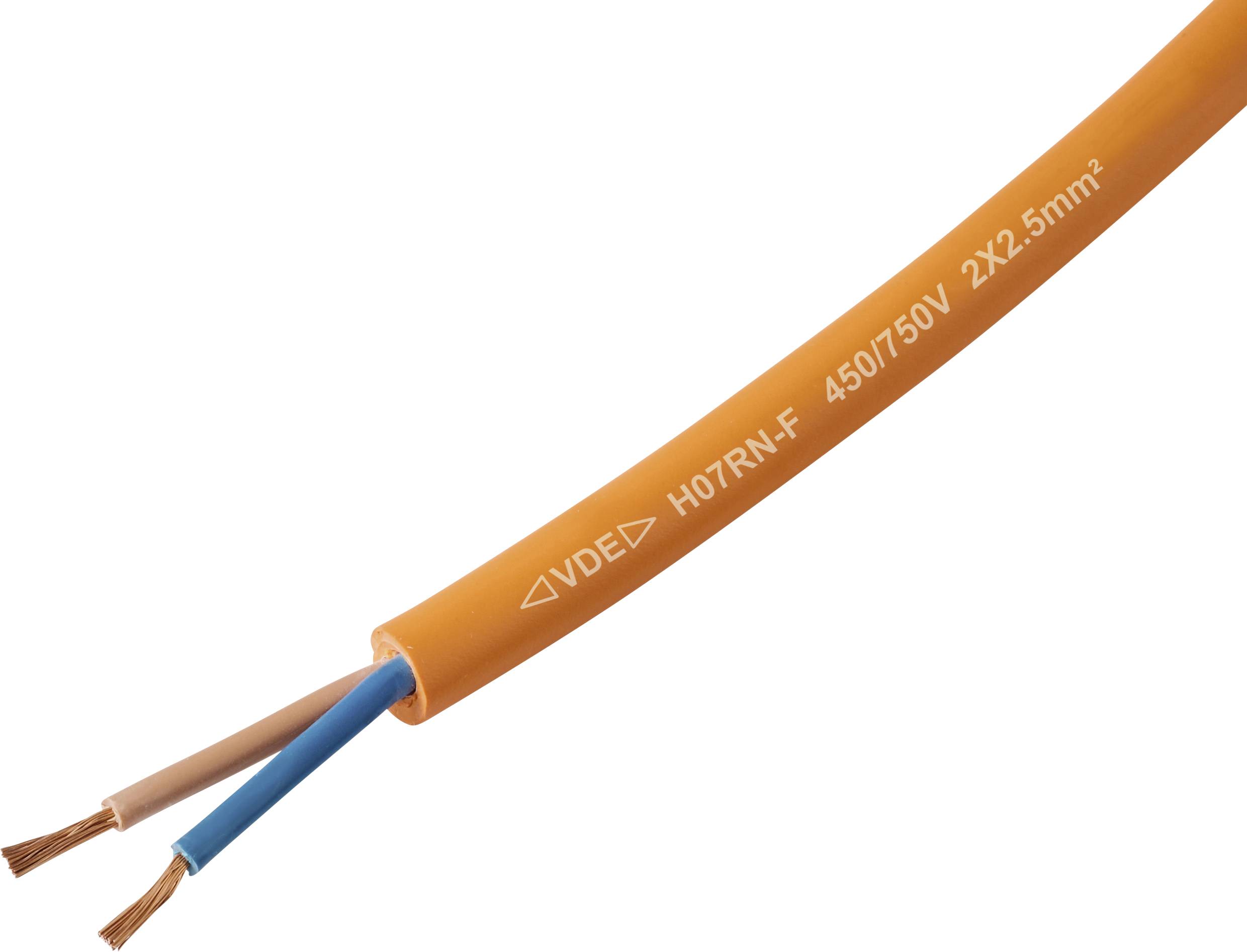 Orange electrical cable with exposed end, showing blue and brown wires; labeled VDE H07RN-F 450/750V 2x2.5mm².