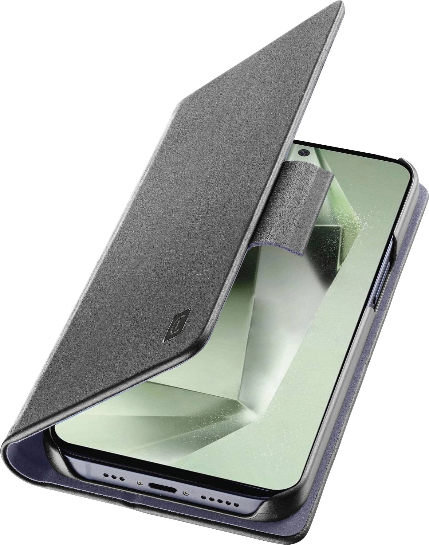 Smartphone in a black folding case, partially open, with the screen displaying a geometric pattern in green.