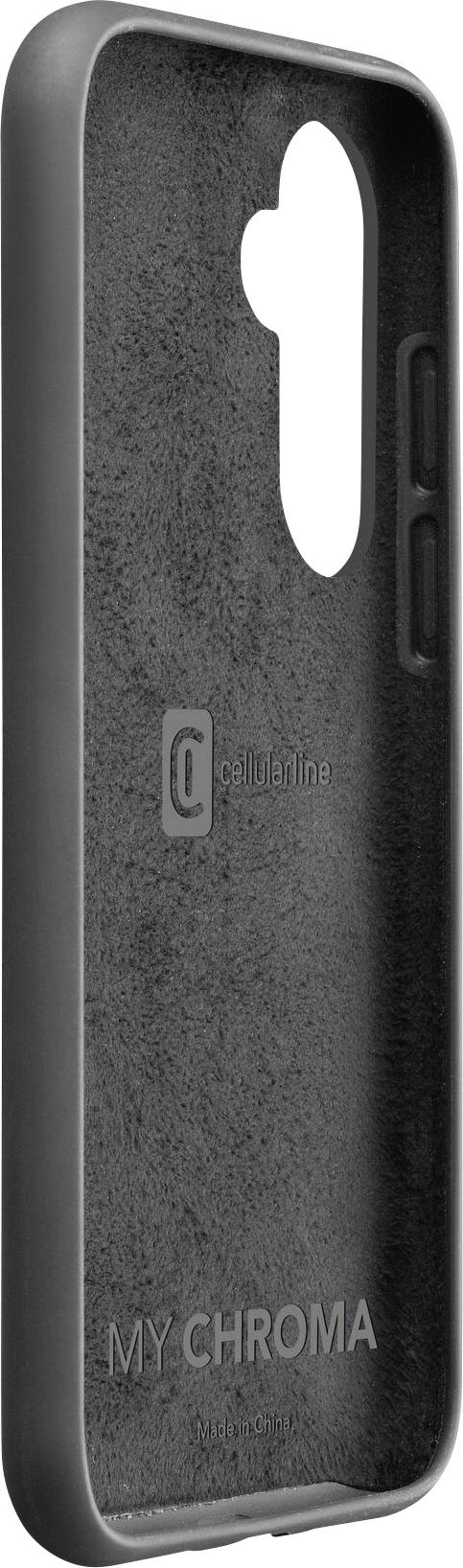 Smartphone case with side control elements. The text 'MY CHROMA' is visible. The case has a matte, textured surface.
