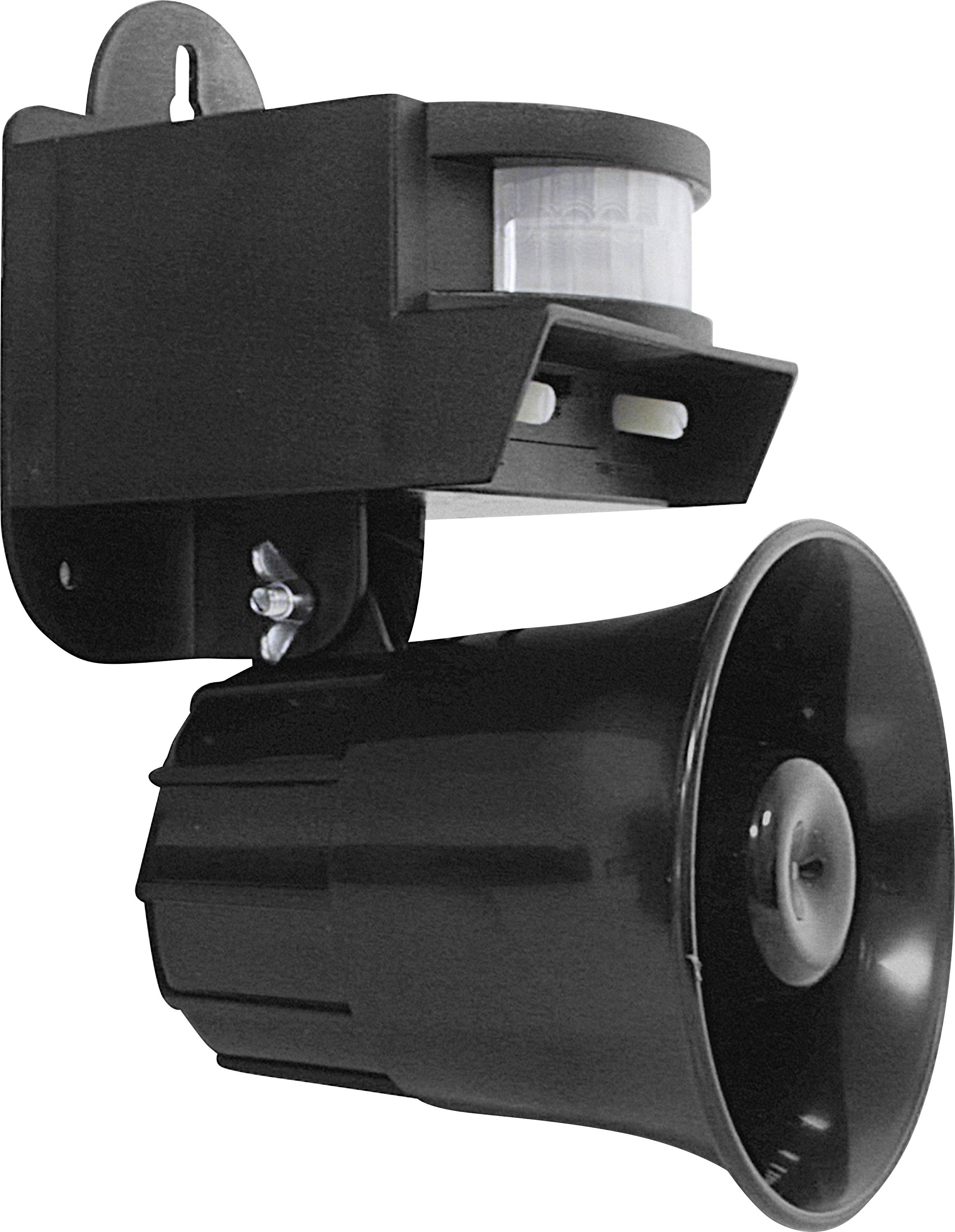 Black motion sensor with integrated siren, mountable on wall or ceiling, suitable for detecting movement and triggering an alarm.