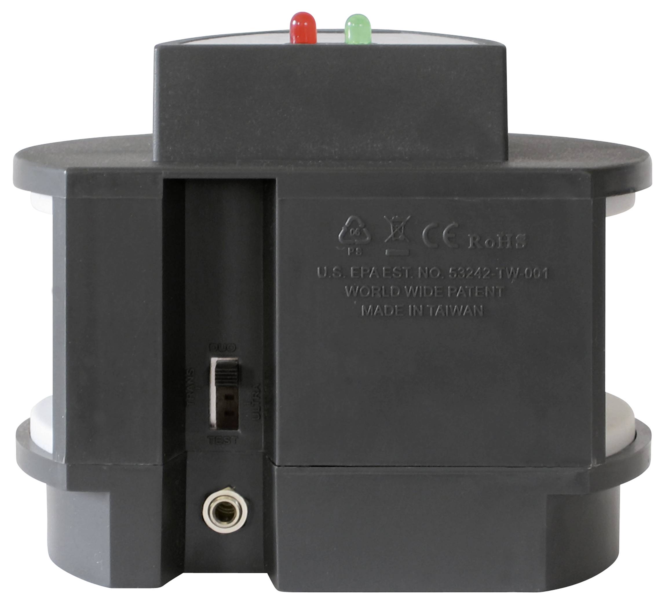 A black electrical device with two LED lights on top, one red and one green. A socket and a switch are visible at the bottom.