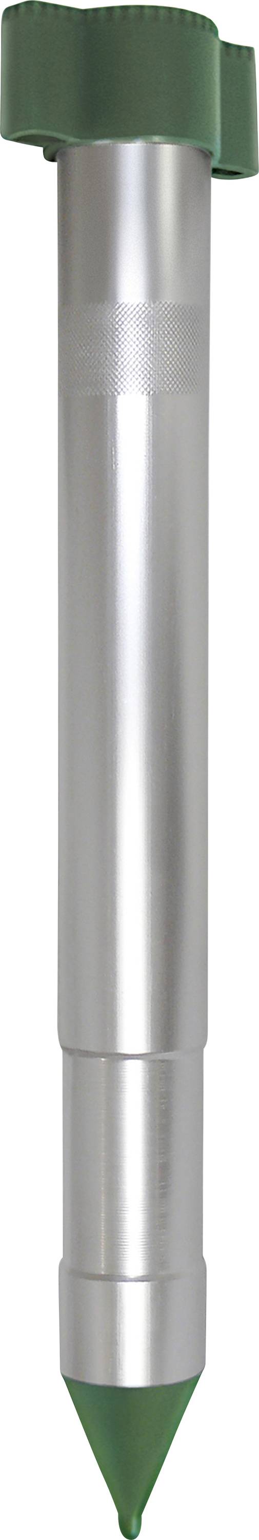 A long, metallic rod with a green plastic head and a pointed end. Possibly a gardening or ground tool.