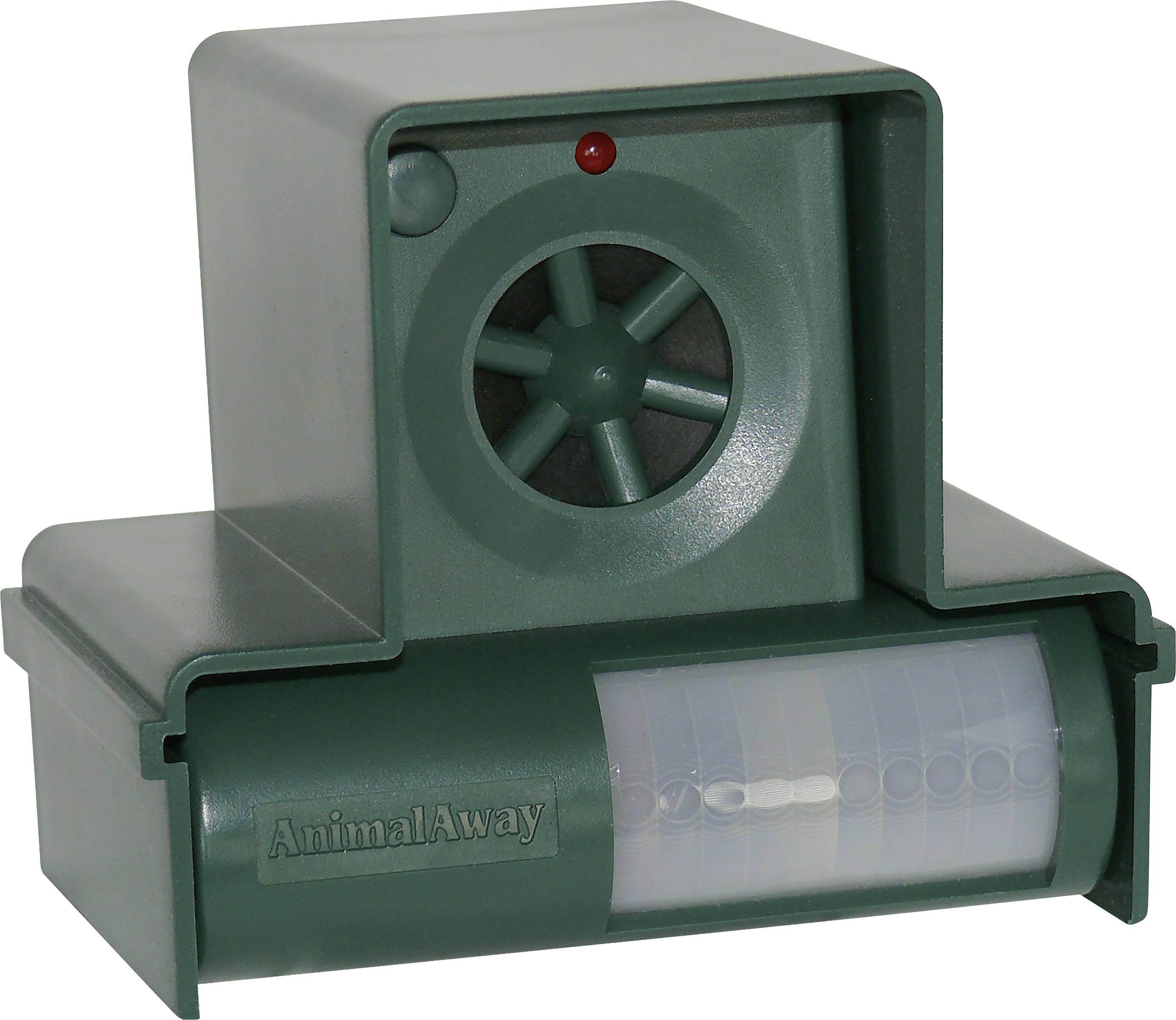 A green device with the inscription 'AnimalAway', equipped with a speaker and a motion sensor for animal deterrence.
