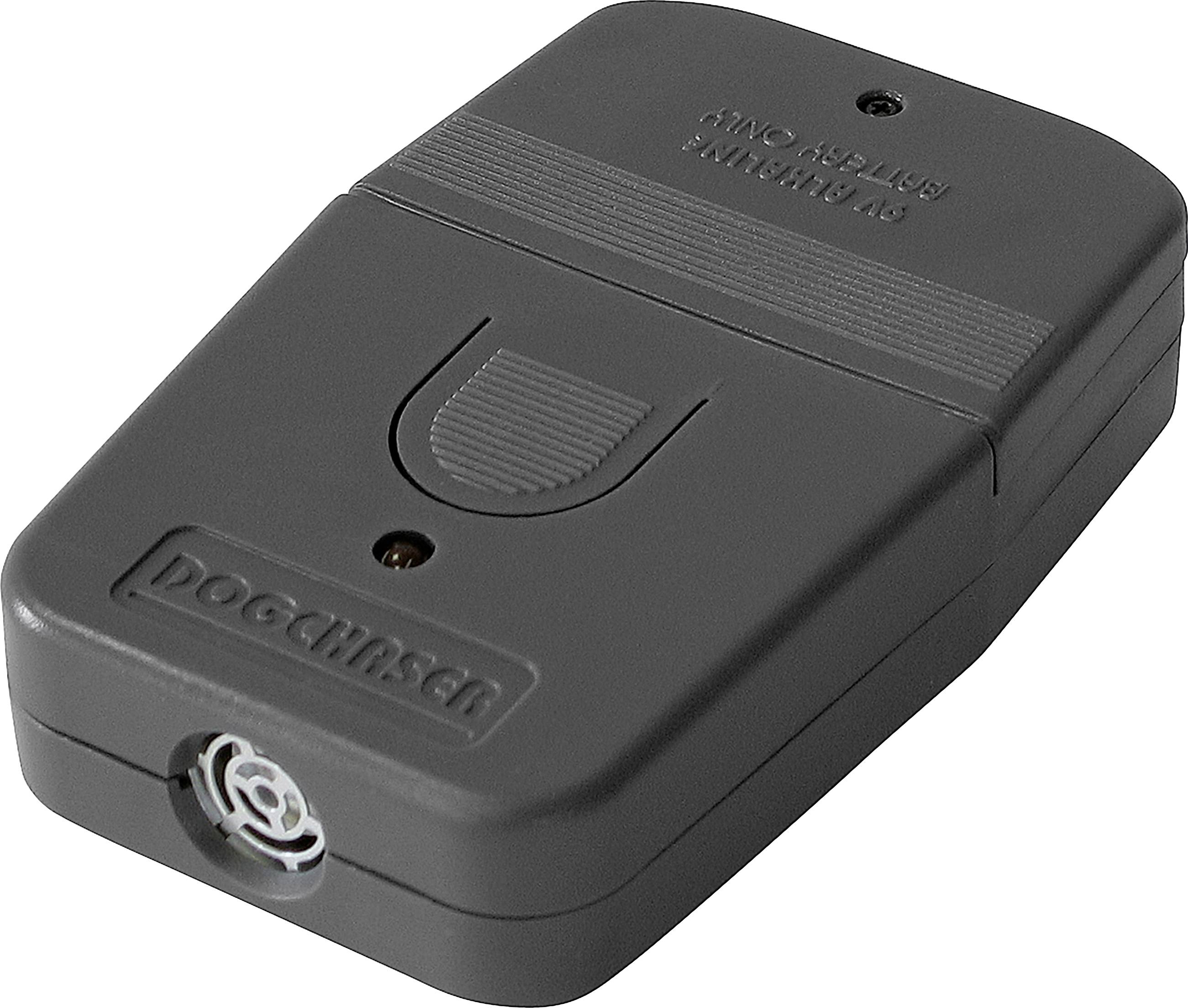 A portable ultrasonic dog deterrent device, with a speaker grille at the front and a button on top, marked 'Dog Chaser'.