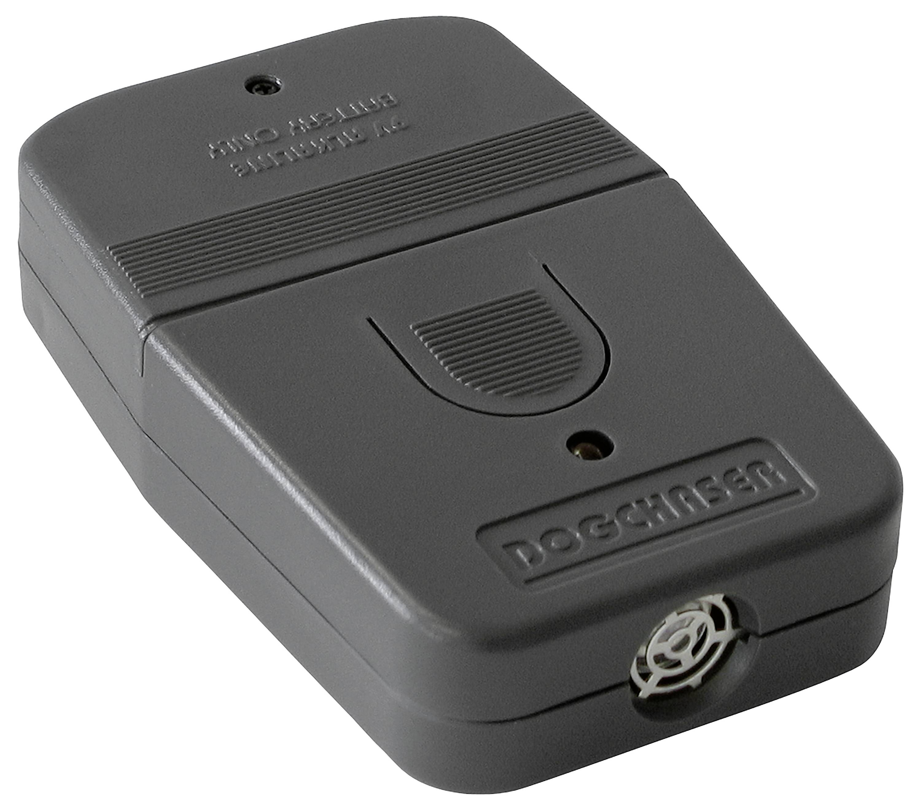A grey electronic device with a switch and the inscription 'DOGCHASER', presumably for deterring dogs.