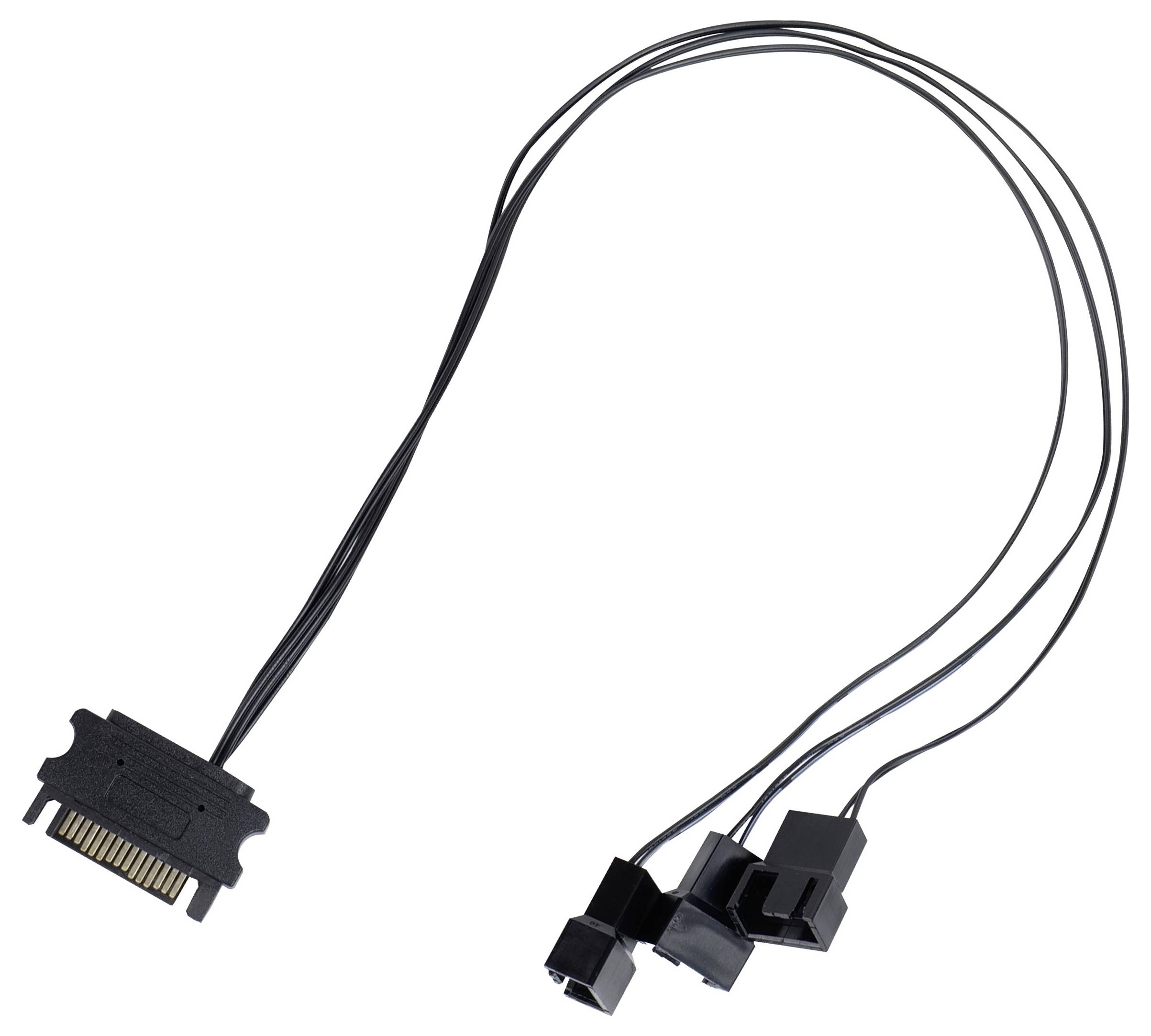 Cable adapter with a SATA power connector and multiple black plugs on the other side, used for connecting PC components.