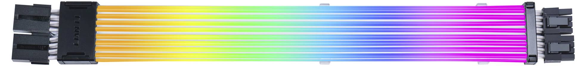 Colourful, multi-coloured cable with a uniform progression of rainbow colours. Both ends are fitted with black plugs.