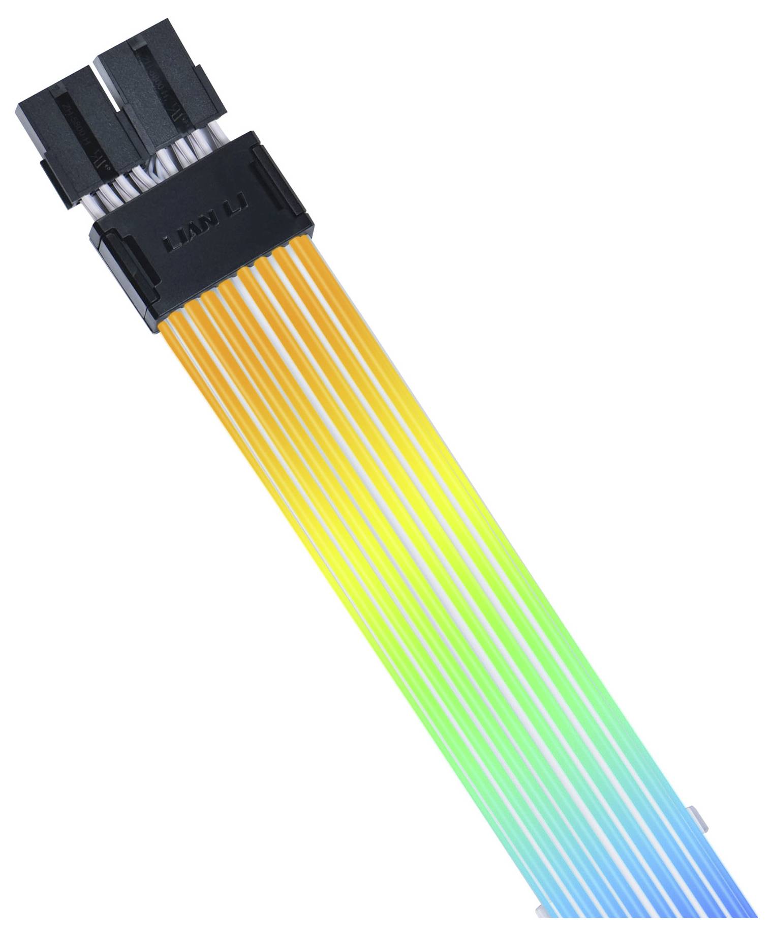 A multi-coloured, rainbow-like computer cable with multiple thin wires, terminating in a black connector plug.